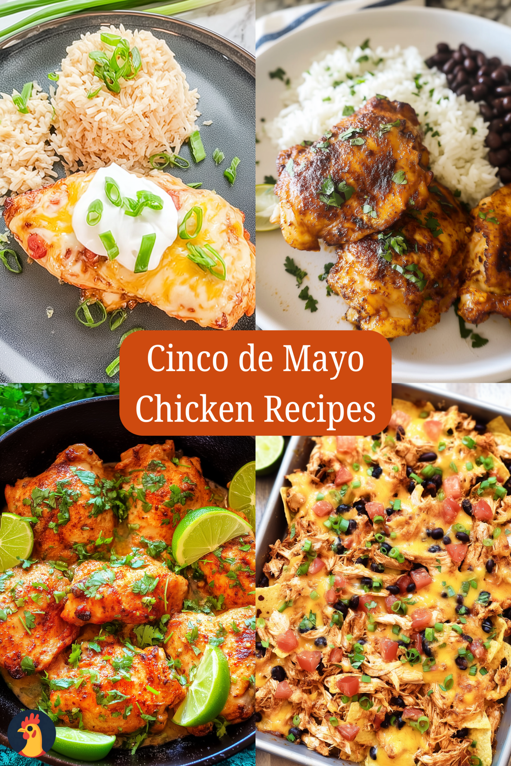 A collage of four festive Cinco de Mayo chicken recipes including nachos, baked salsa chicken, Mexican thighs, and cilantro lime chicken
