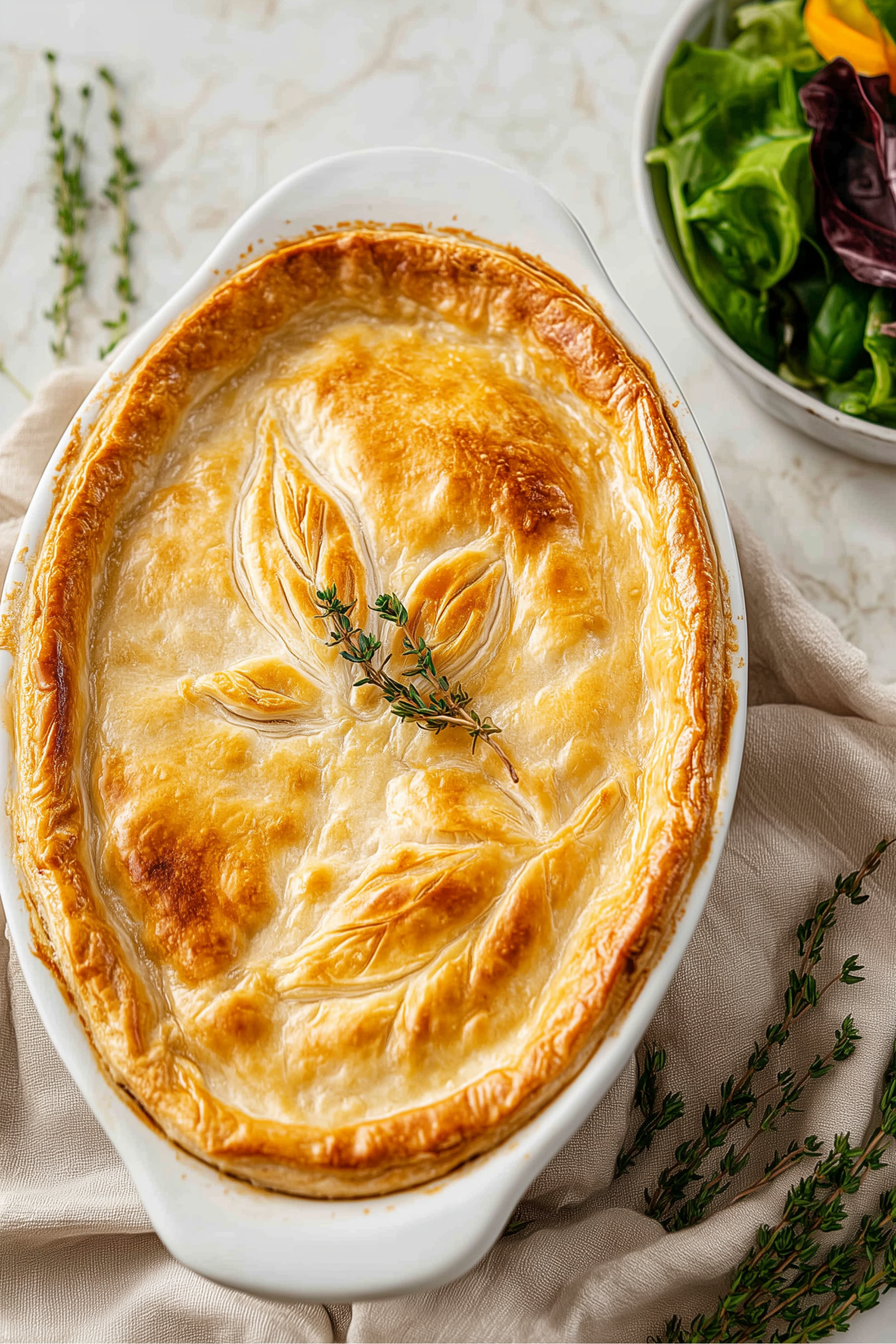 Baked dairy-free chicken pot pie with golden puff pastry crust featuring leaf designs and fresh thyme garnish