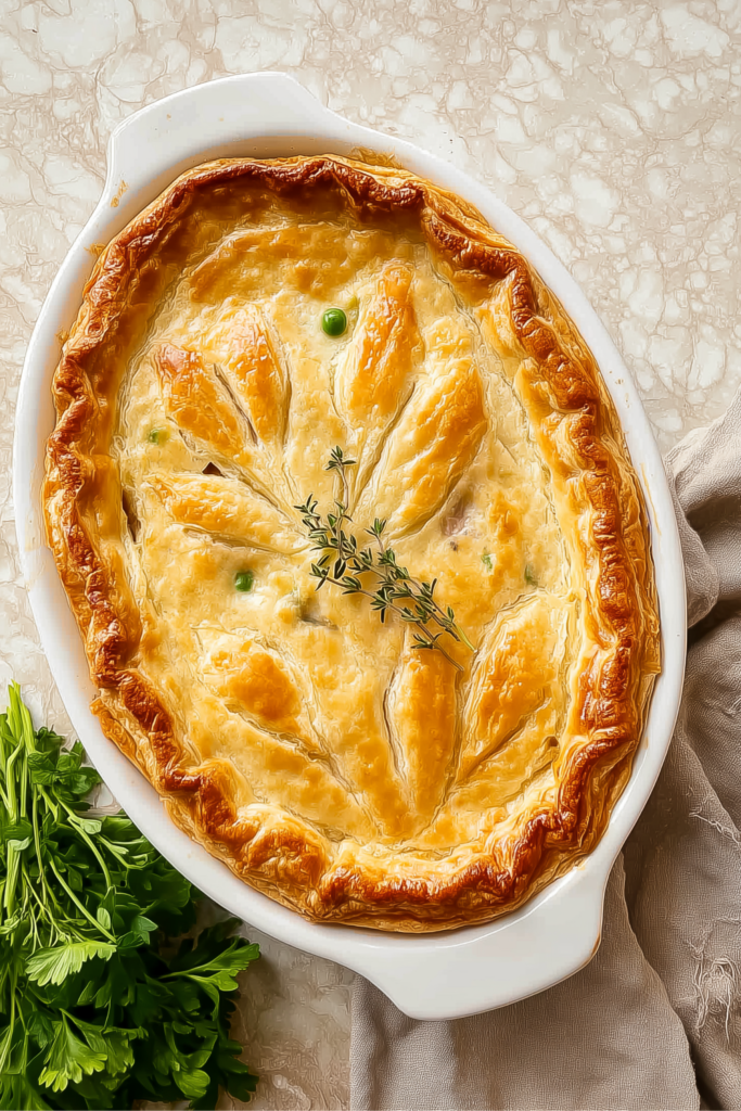 Homemade dairy-free chicken pot pie with golden brown puff pastry crust and parsley garnish