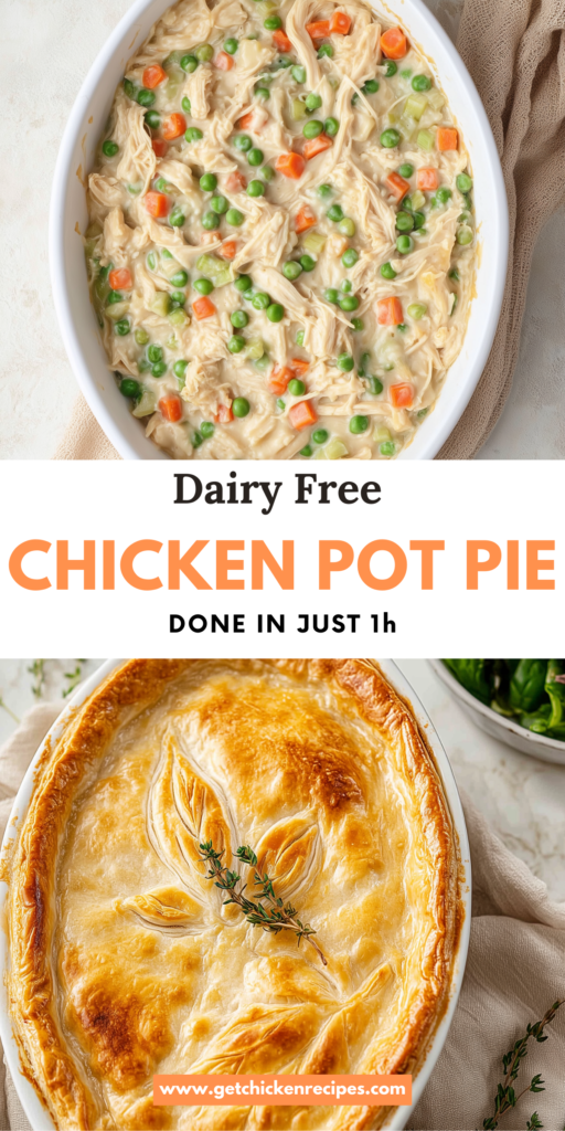 Baked dairy-free chicken pot pie with golden puff pastry crust topped with fresh thyme