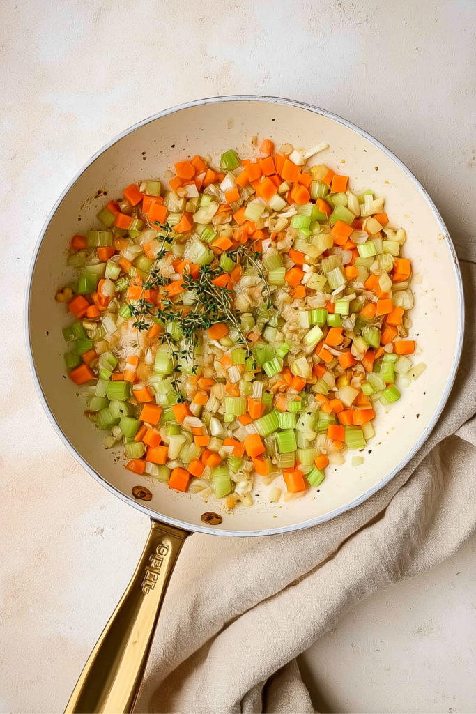 Diced carrots, celery, onion, and thyme being sautéed in a skillet for dairy-free chicken pot pie