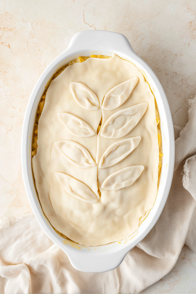 Dairy-free chicken pot pie topped with puff pastry and decorative leaf shapes before baking