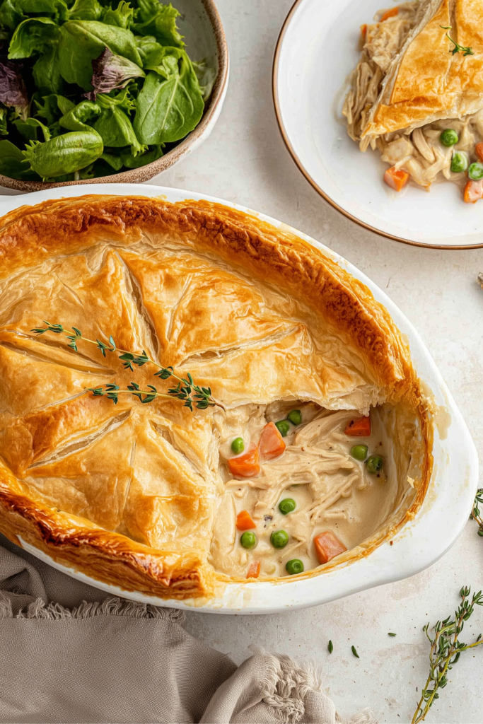 Fully baked dairy-free chicken pot pie with golden puff pastry and fresh thyme garnish