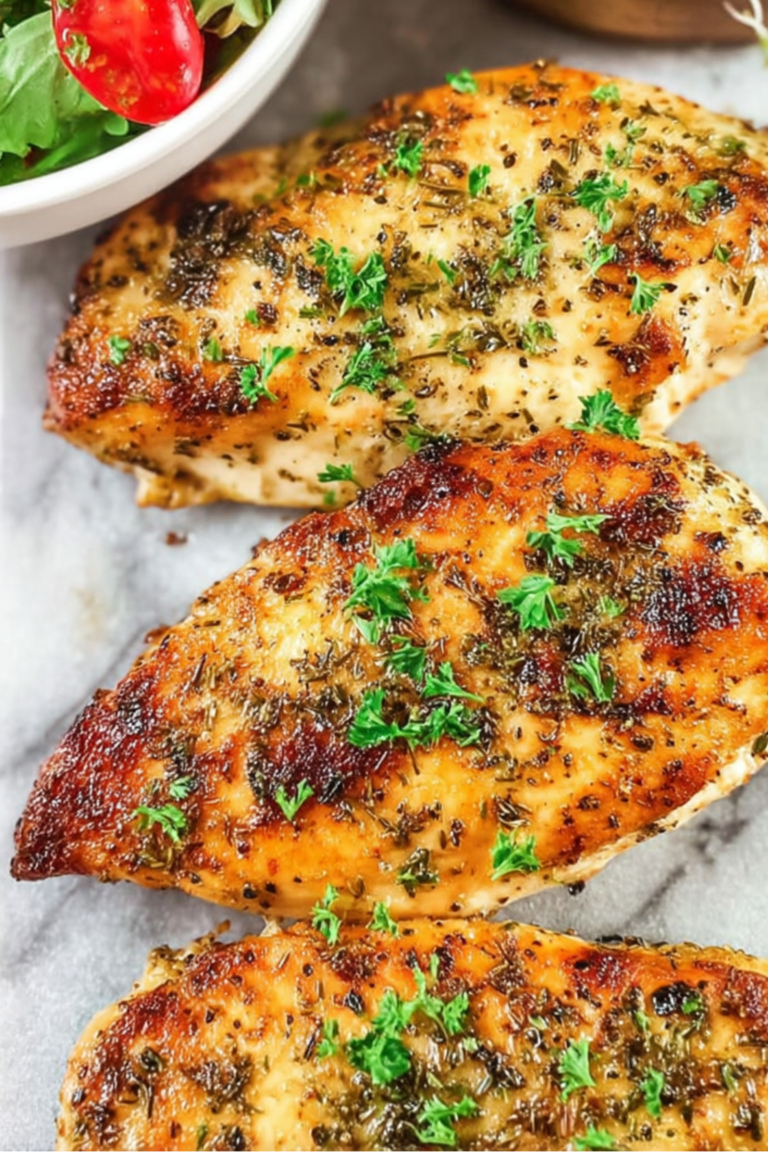 Golden, herb-crusted grilled chicken breasts with parsley garnish