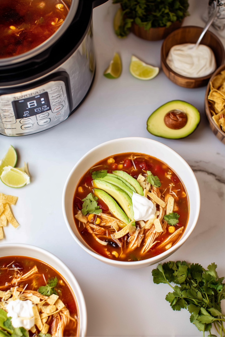 Bowls of chicken tortilla soup with avocado and chips next to Instant Pot and fresh garnishes