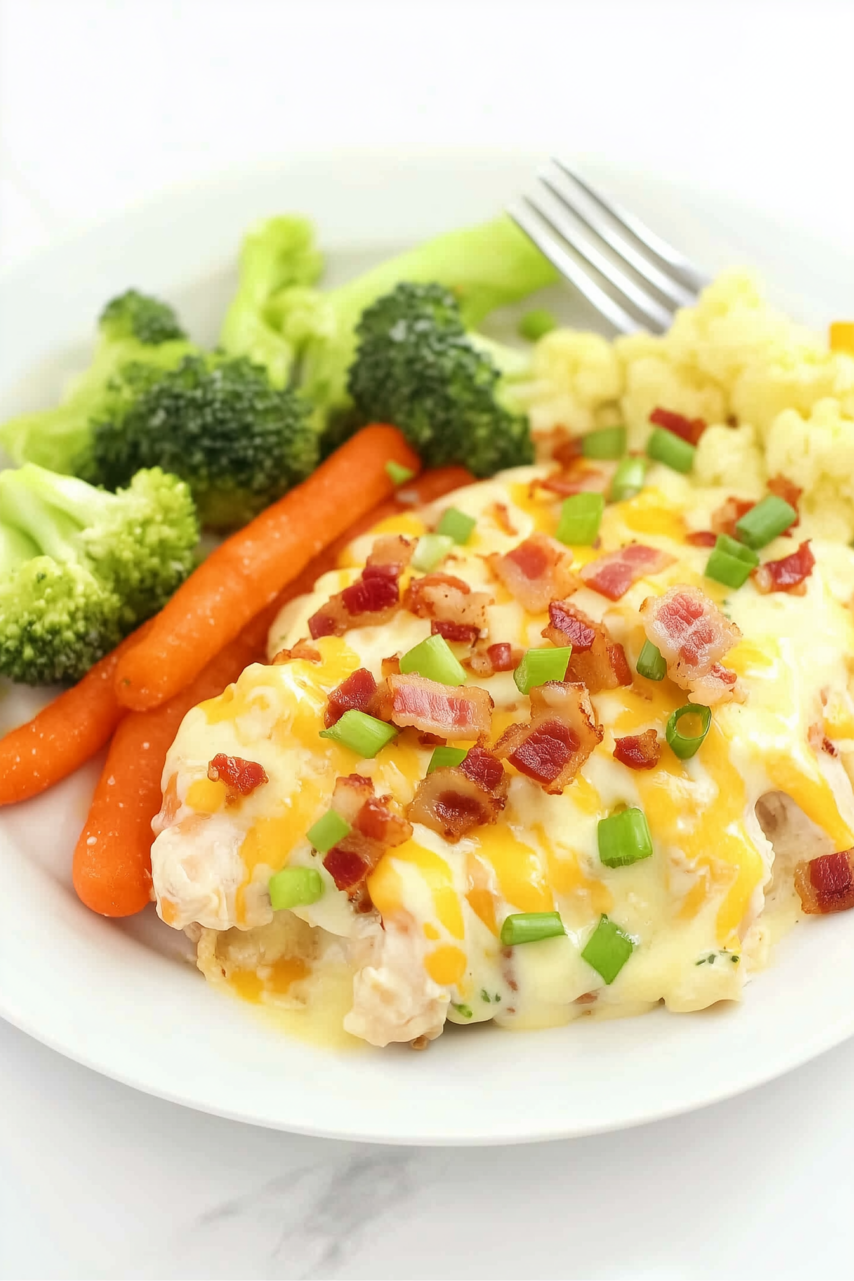 Creamy Instant Pot chicken topped with bacon, cheese, and green onions, served with broccoli, carrots, and cauliflower