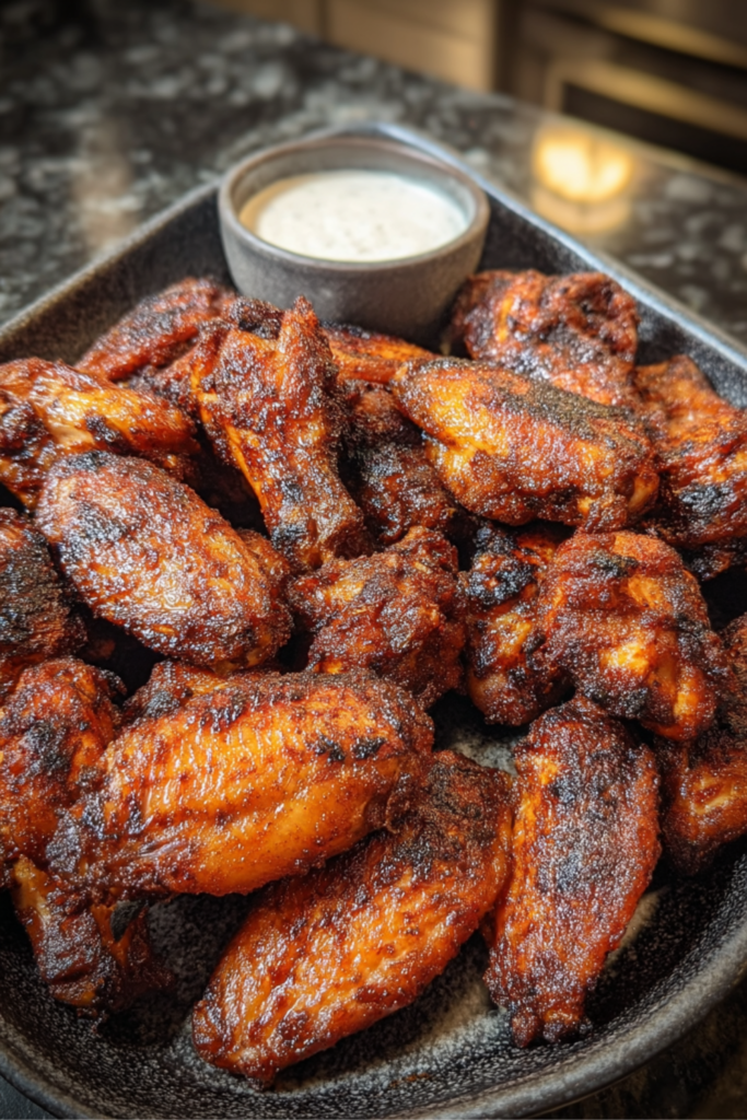 Smoky, crispy chicken wings served on a black plate with a side of ranch dipping sauce