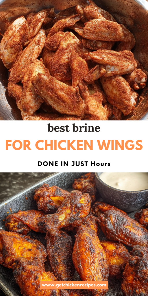 Chicken wings in dry rub and finished smoked wings with text highlighting the best brine process