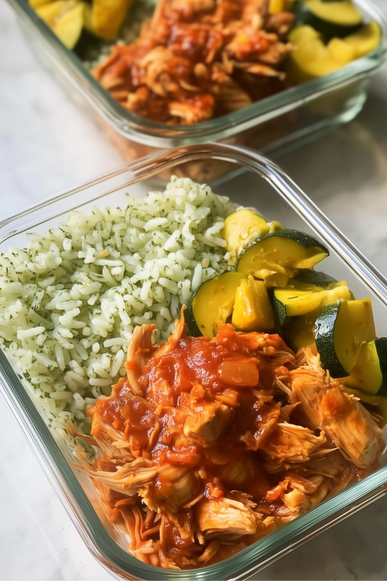 Close-up of shredded chicken in tomato sauce with herb rice and steamed zucchini in a glass meal prep container.