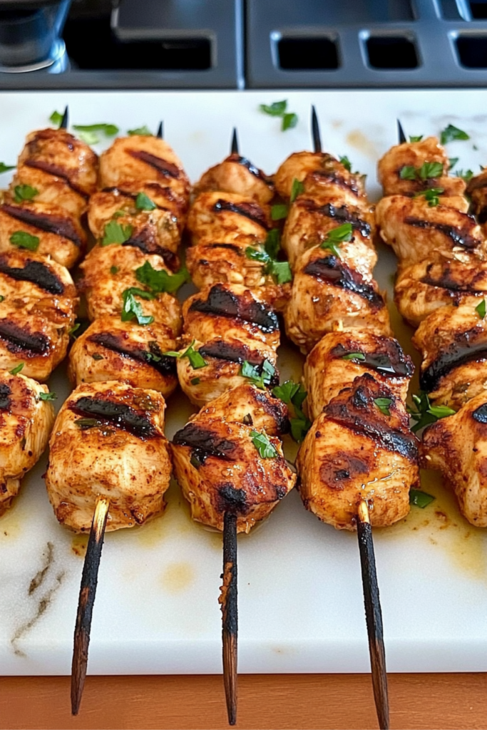 Grilled chicken shish skewers arranged on a white platter with char marks and parsley