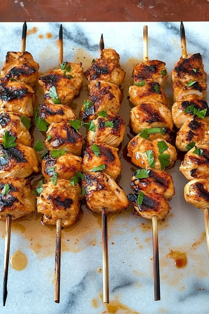 Close-up view of grilled chicken shish on skewers topped with parsley
