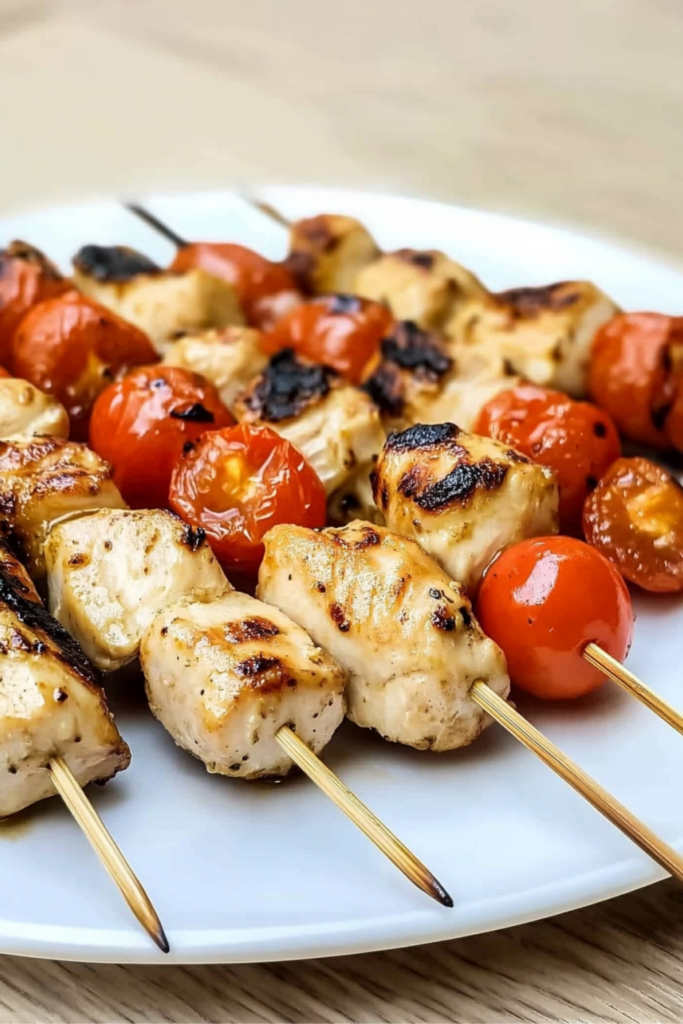 Skewers with grilled chicken breast and blistered cherry tomatoes on a plate