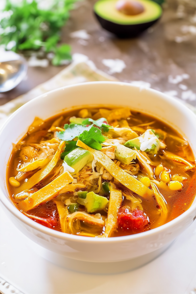 Overhead shot of chicken tortilla soup in a white bowl topped with avocado chunks, cilantro, and tortilla strips