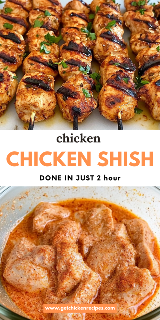 Grilled chicken shish kebabs garnished with chopped parsley on skewers