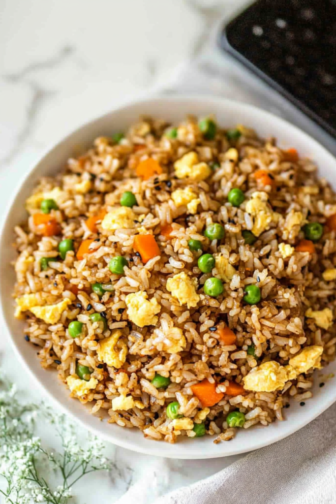 Close-up of hibachi chicken fried rice with peas, carrots, and scrambled eggs in a bowl