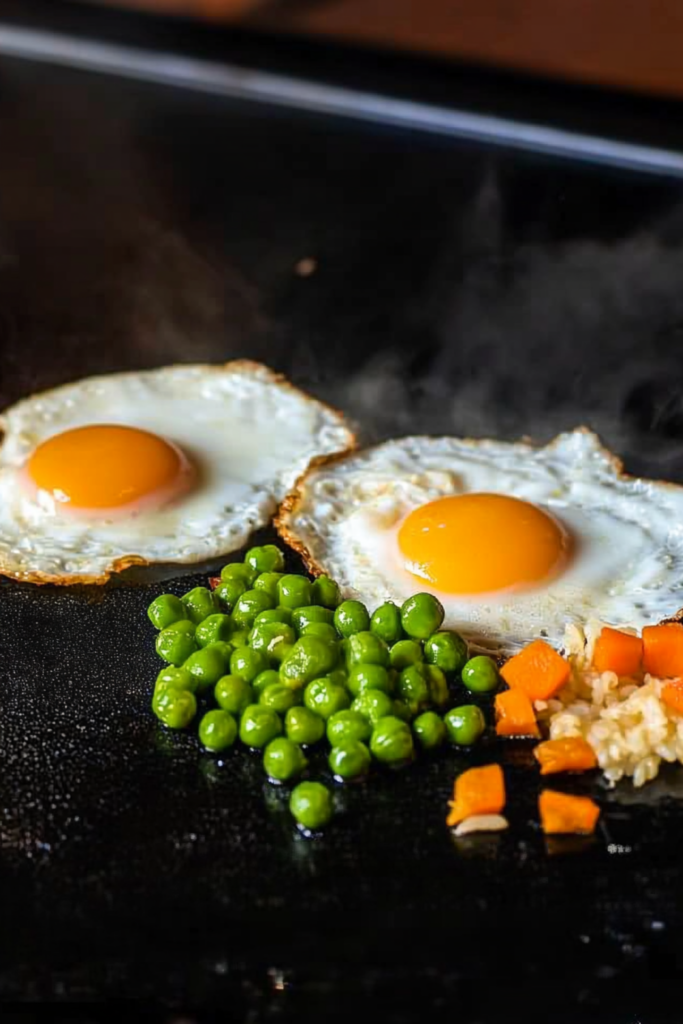Two sunny side eggs with green peas, diced carrots, and rice beginning to cook on Blackstone griddle