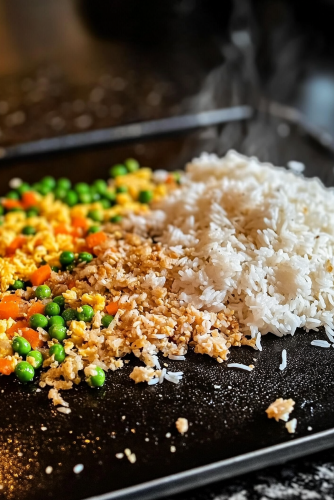 Steamed rice next to scrambled eggs, peas, and carrots on a Blackstone flat top grill