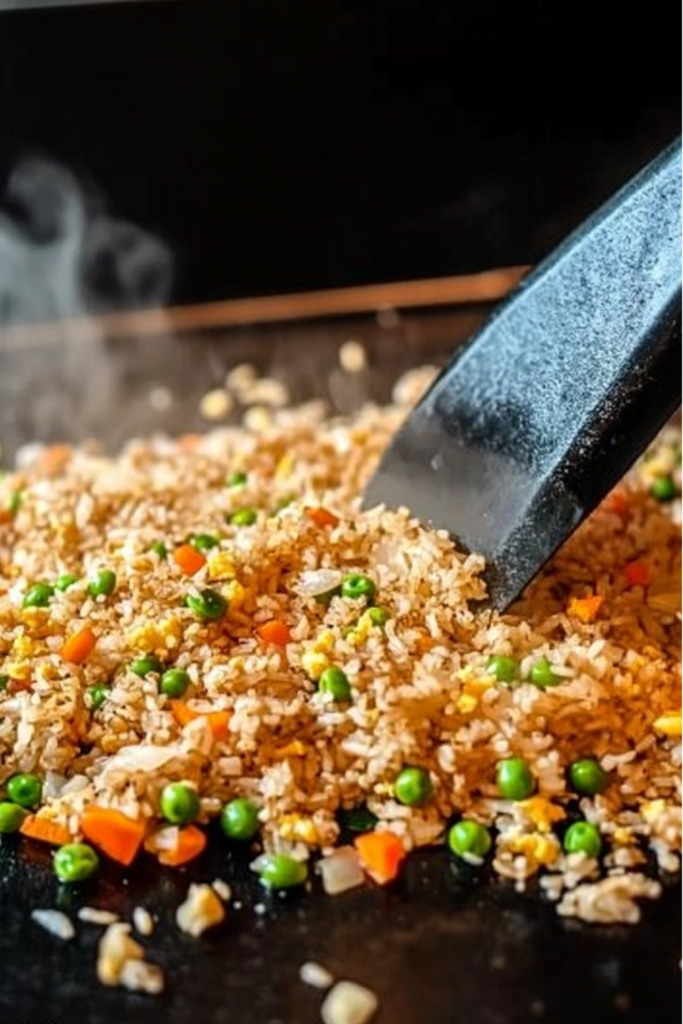 Spatula stirring fried rice with carrots, peas, and egg on a hot griddle