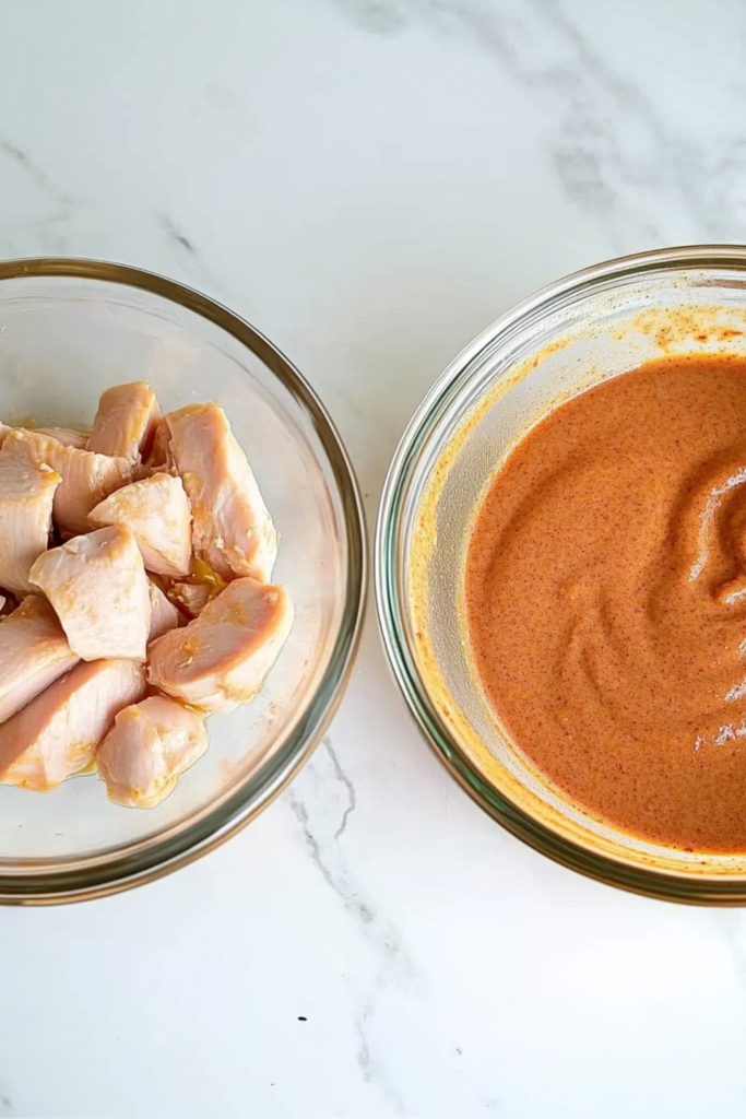 Raw chicken pieces marinating in a yogurt-based spice mix in a glass bowl