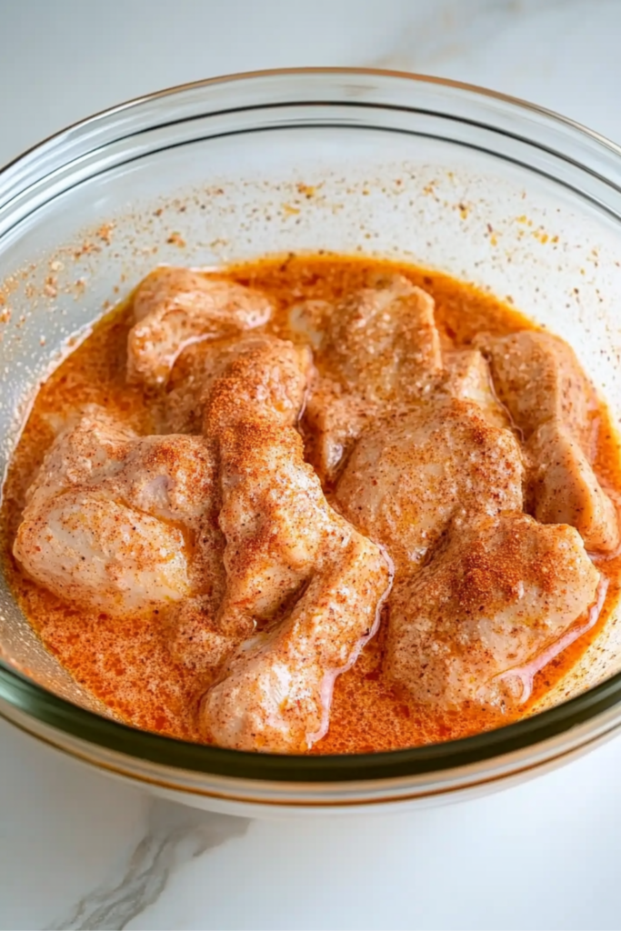 Raw cubed chicken and a bowl of seasoned yogurt marinade ready for mixing