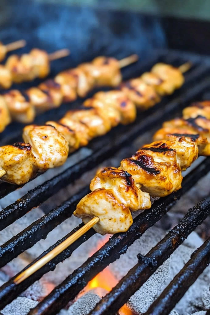 Marinated chicken skewers grilling over hot coals with flame underneath