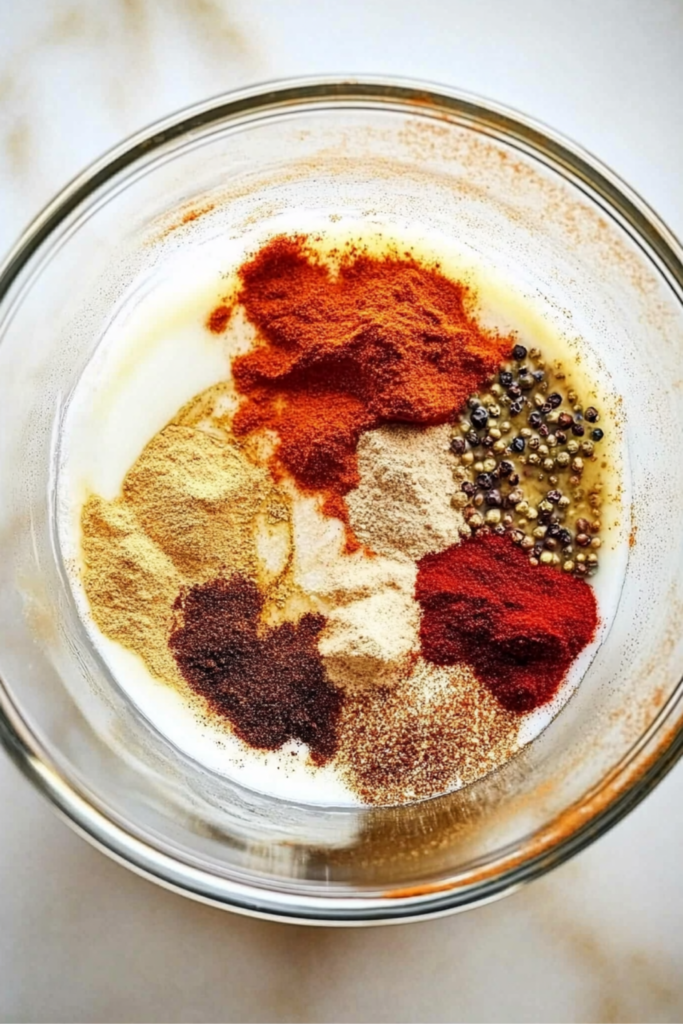 Bowl of assorted ground spices and yogurt for chicken shish marinade