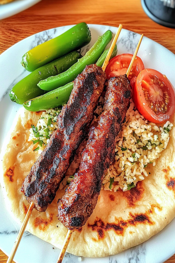 Two grilled Adana kebabs served with green peppers, tomato slices, rice, and flatbread on a white plate