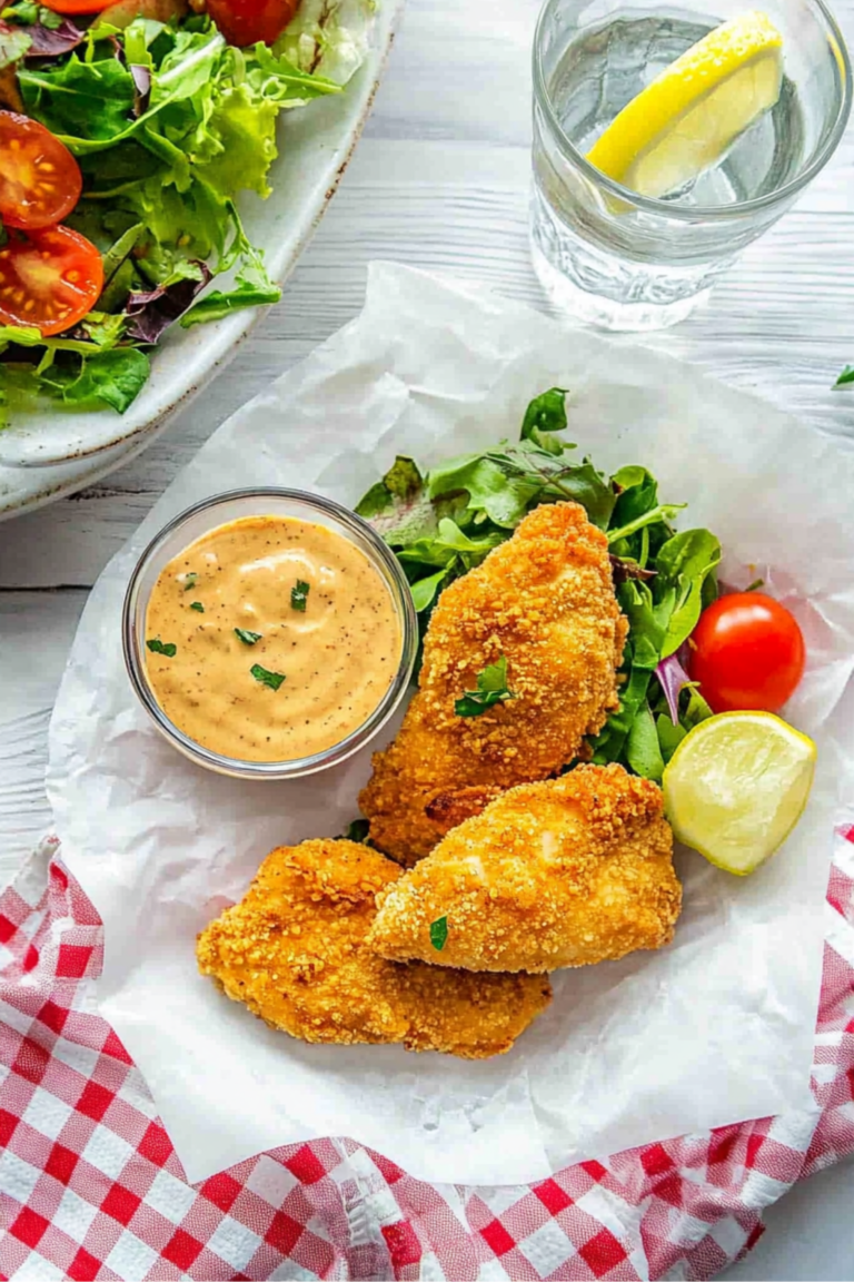 Crispy chicken with salad, dip, and lemon water