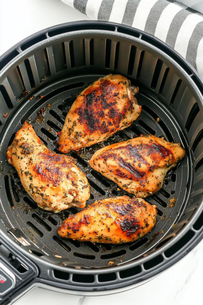 Five golden chicken breasts in air fryer