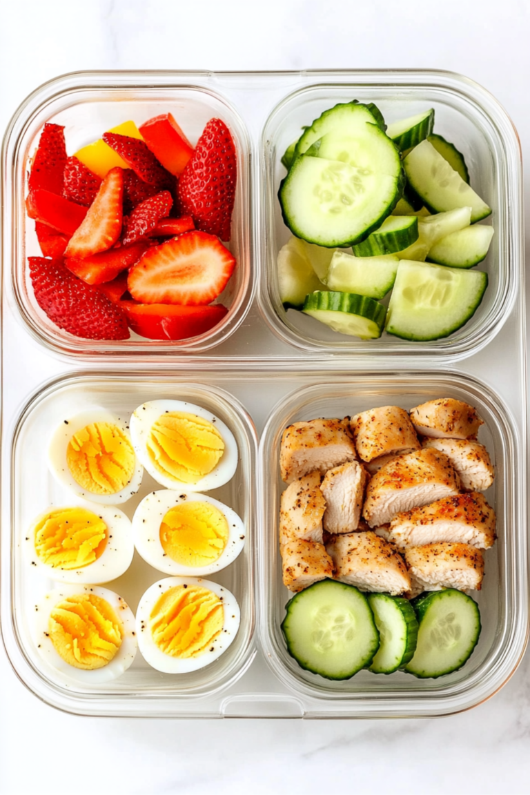 Grilled chicken, eggs, cucumbers, and strawberries in meal prep box