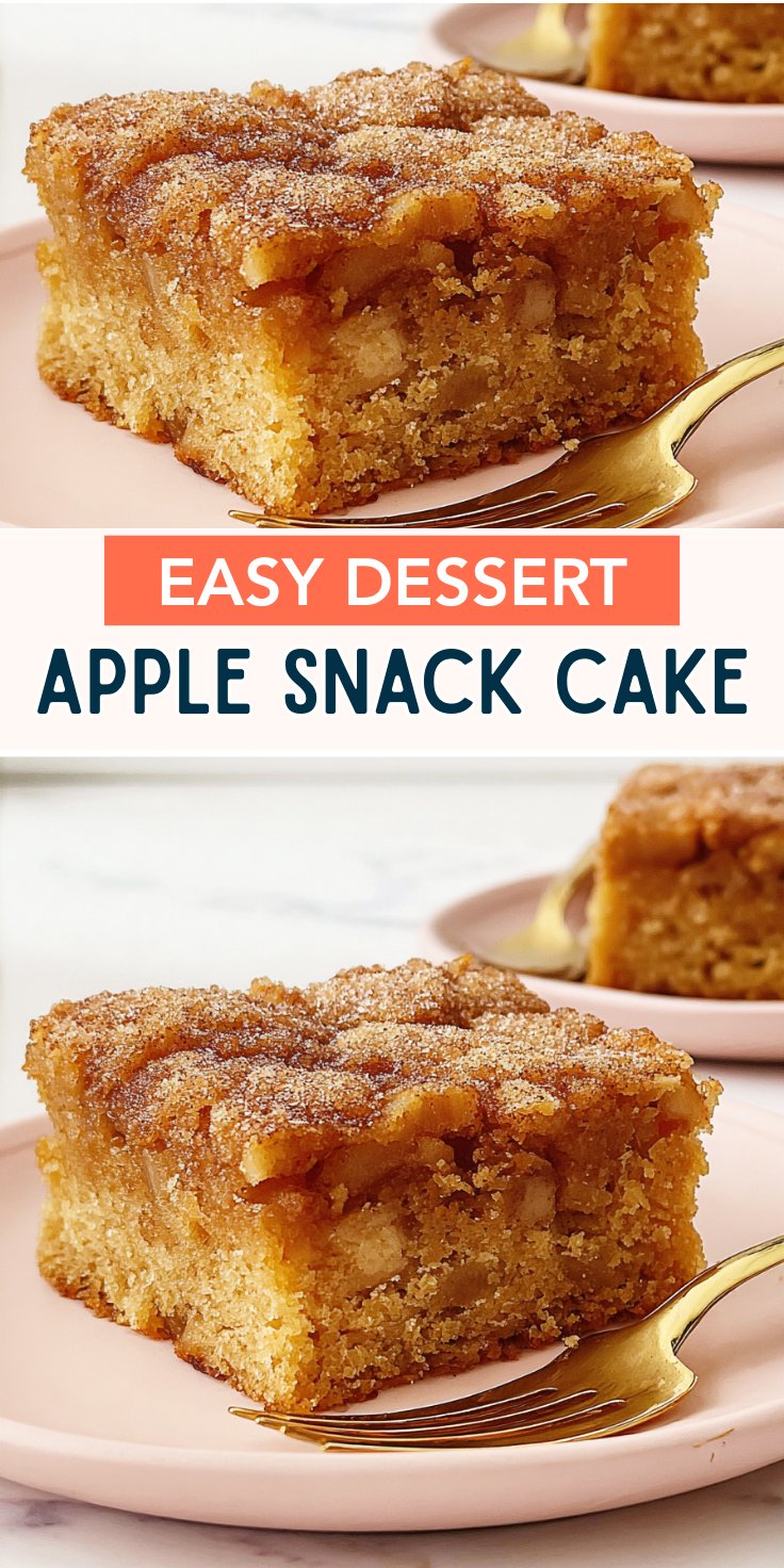 Square slice of apple snack cake with cinnamon sugar topping, golden and moist with visible apple pieces.