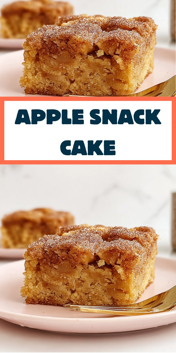 Slice of apple snack cake with golden cinnamon sugar topping served on a pink plate with a fork.