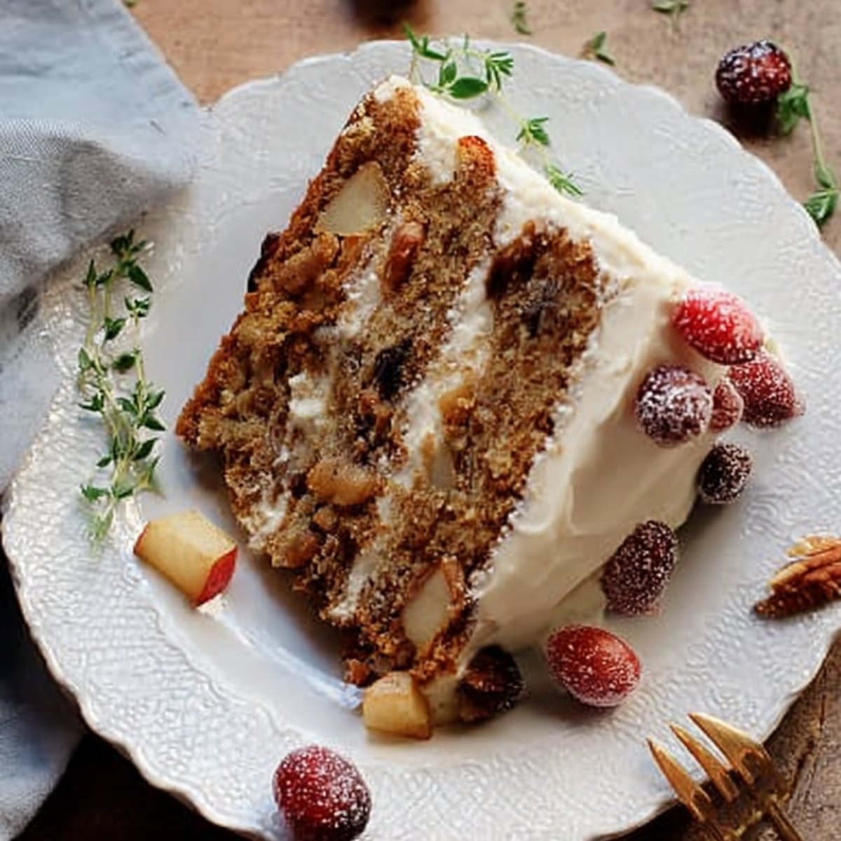 Festive slice of spiced apple and cranberry Thanksgiving layer cake served on a glass plate with a gold fork.