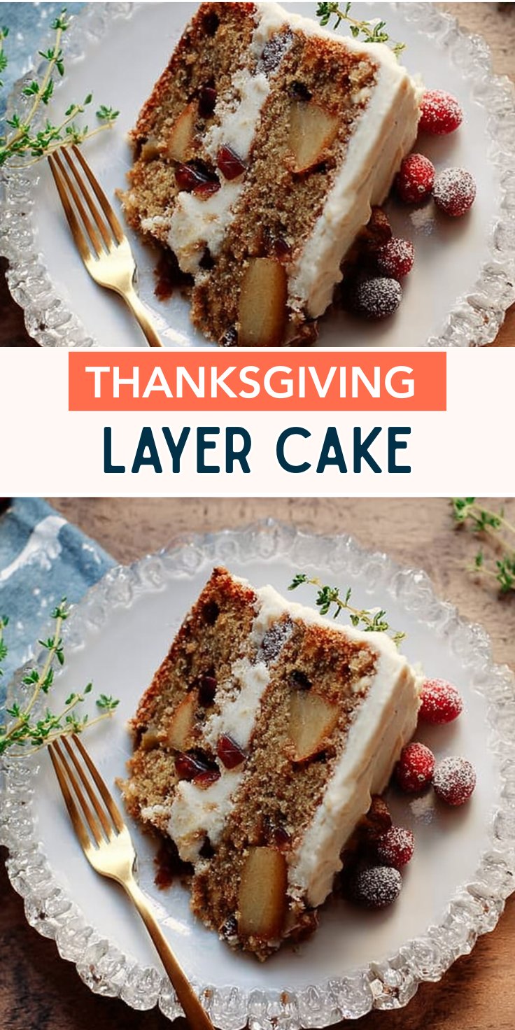 Thanksgiving layer cake slice with spiced apples and cranberries on a clear plate with sugared cranberries and greenery.