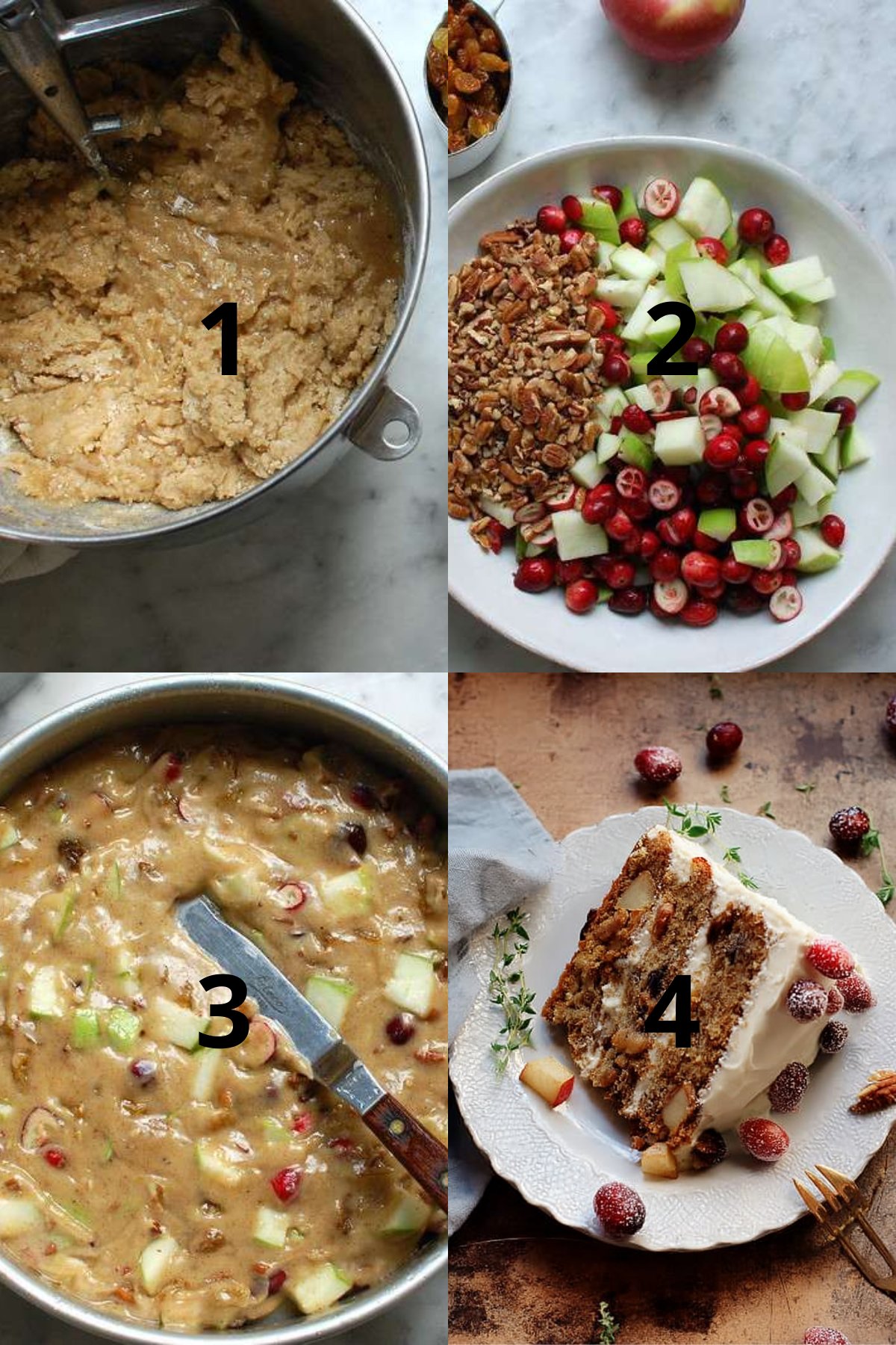 Step-by-step collage of Thanksgiving layer cake process: mixing batter, apples and cranberries, and the final frosted cake slice.