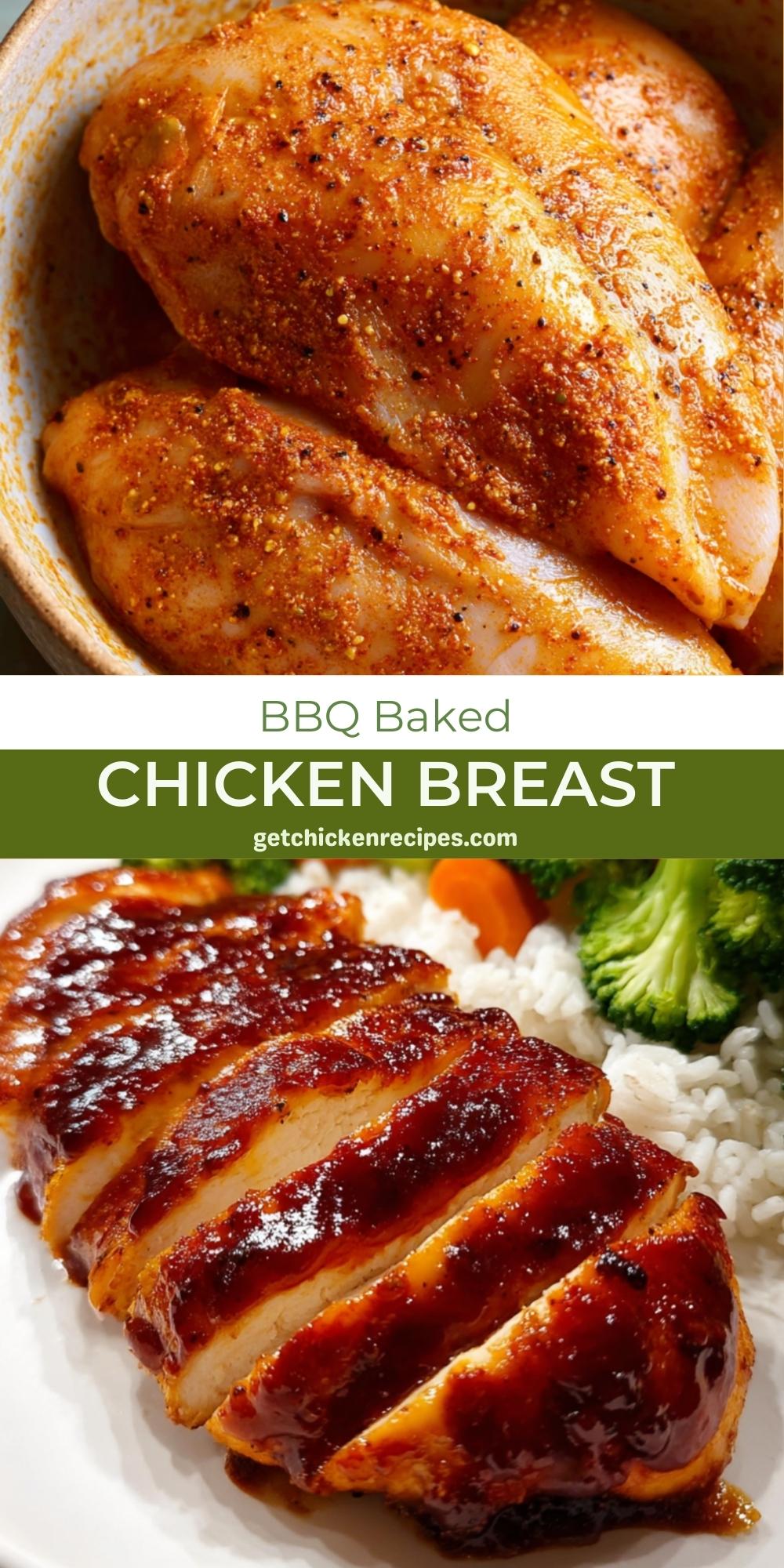 Sliced BBQ baked chicken breast served with white rice and steamed broccoli, showcasing its juicy texture and rich sauce.