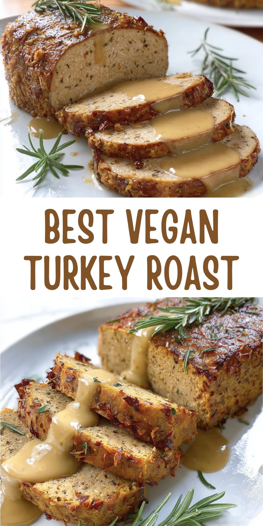 Sliced vegan turkey roast topped with rosemary and creamy vegan gravy on a white platter.