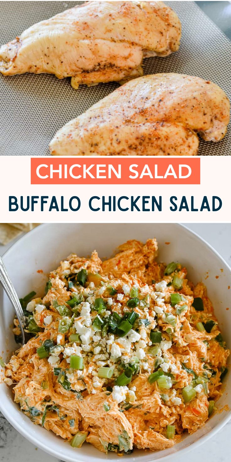 Bowl of buffalo chicken salad topped with feta and green onions, text overlay “Chicken Salad · Buffalo Chicken Salad.”