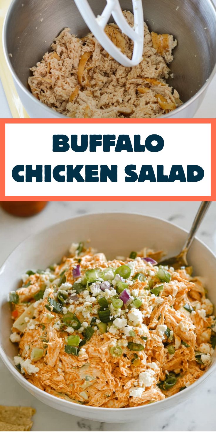 Bowl of creamy buffalo chicken salad topped with green onions and feta cheese, text overlay “Buffalo Chicken Salad.”