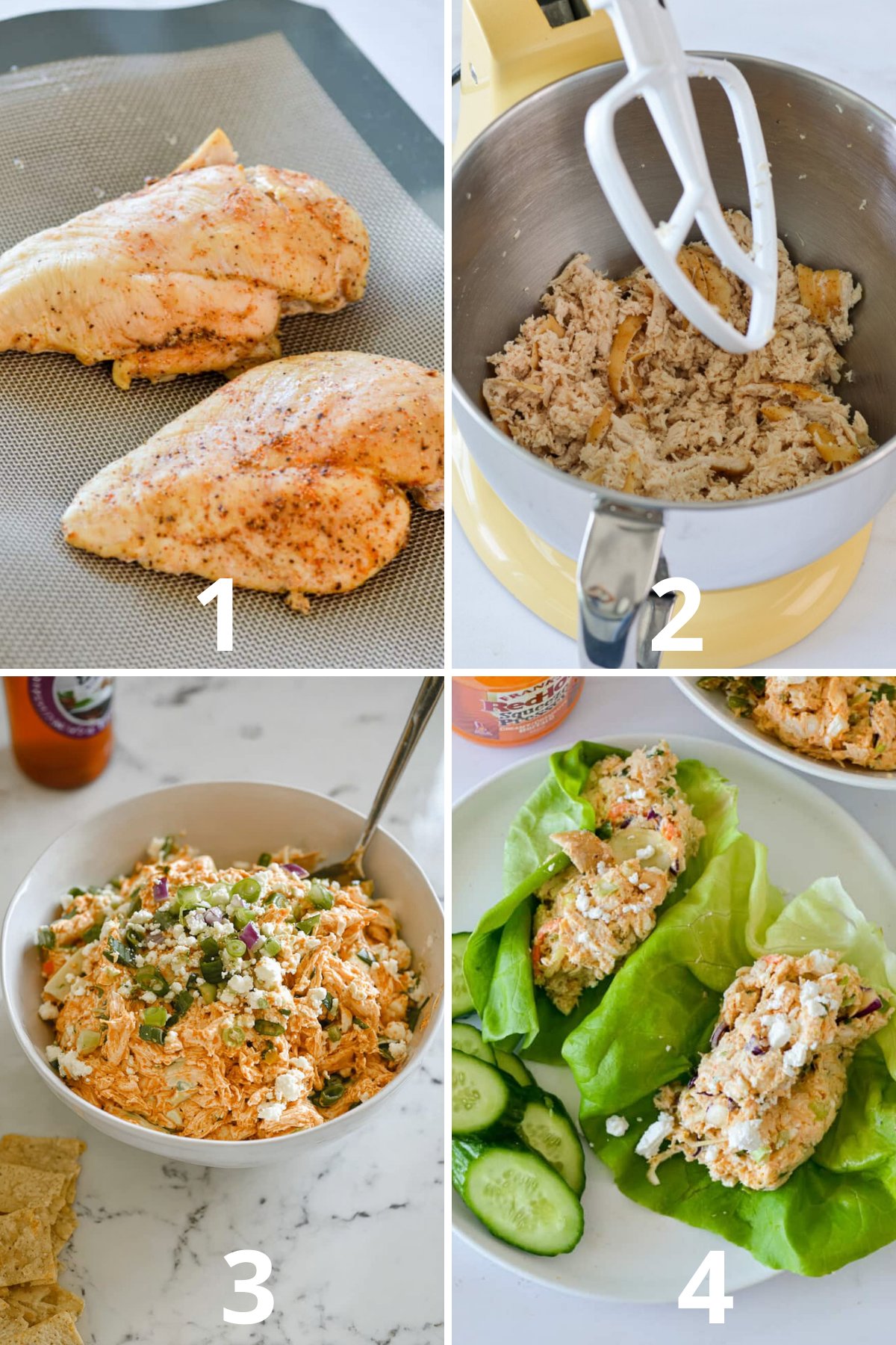 Collage showing step-by-step process of making buffalo chicken salad: baked chicken, shredded chicken, mixing, and serving in lettuce wraps.