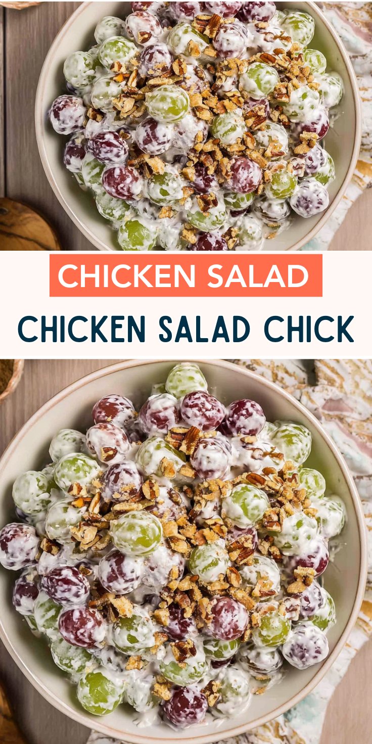 Overhead shot of Chicken Salad Chick grape salad topped with chopped pecans in a serving bowl.