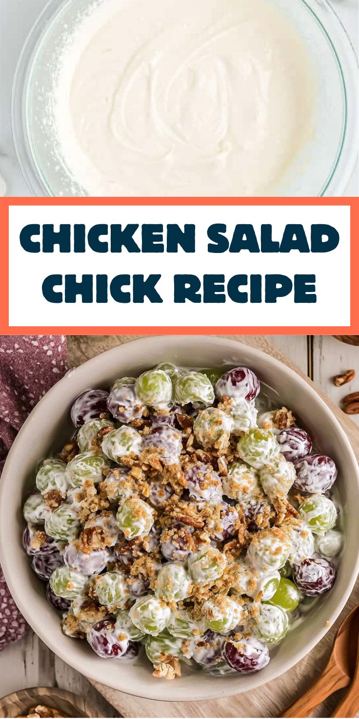 Glass mixing bowl with creamy dressing beside a bowl of grape salad topped with pecans.