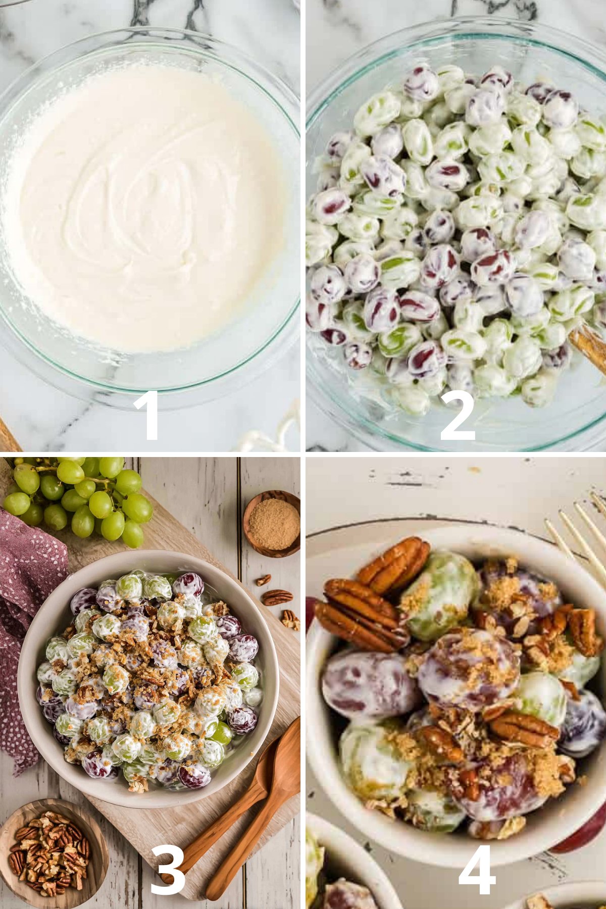 Step-by-step collage showing how to make Chicken Salad Chick grape salad with cream cheese dressing and pecan topping.