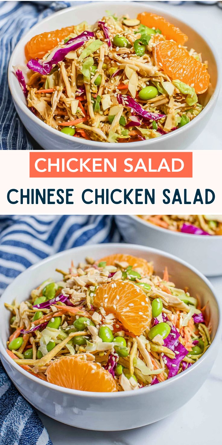 Overhead view of Chinese chicken salad with mandarin oranges, sesame seeds, and colorful veggies in a white bowl.