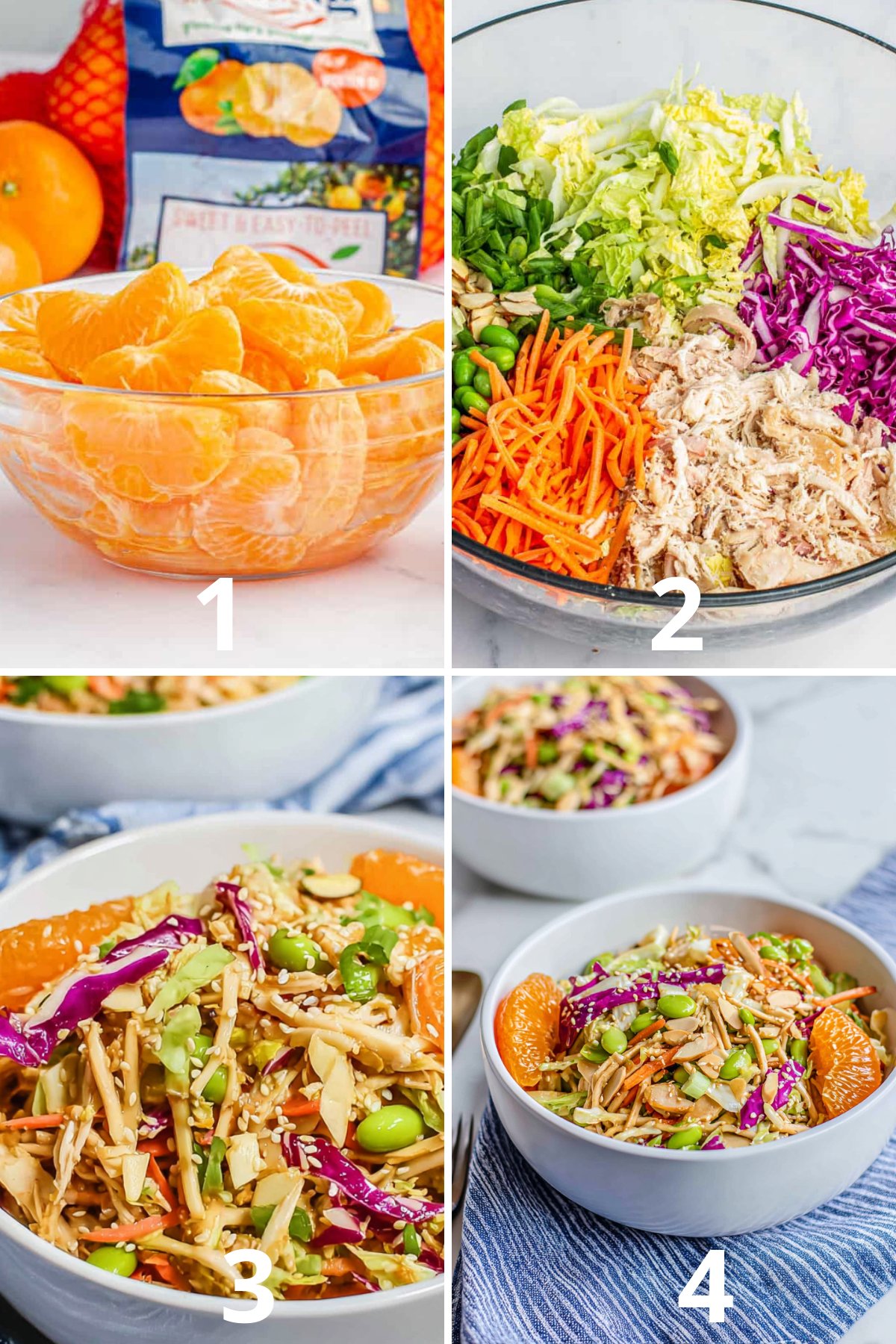 Step-by-step collage showing mandarins, shredded cabbage, chicken, and carrots being combined into a Chinese chicken salad.