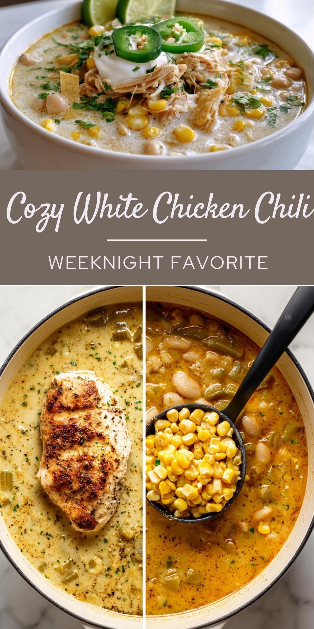 Bowl of creamy white chicken chili topped with sour cream, jalapeño slices, and tortilla strips.