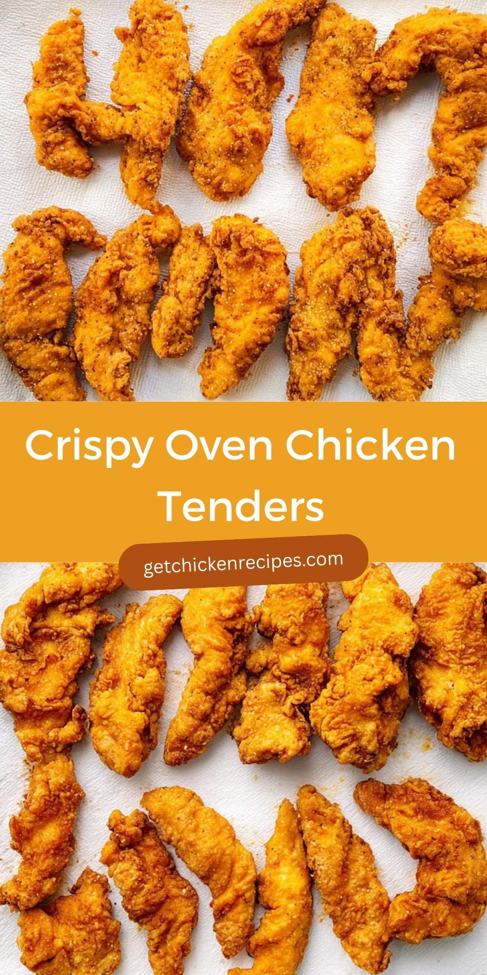 Pile of golden-brown crispy oven chicken tenders on a paper towel, ready to serve.