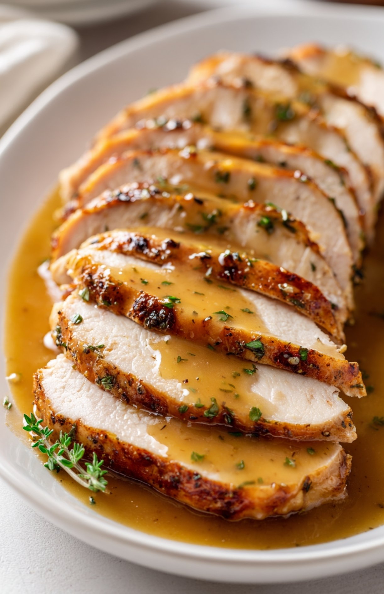 Golden brown crockpot turkey breast sliced on a wooden board with gravy drizzled on top.