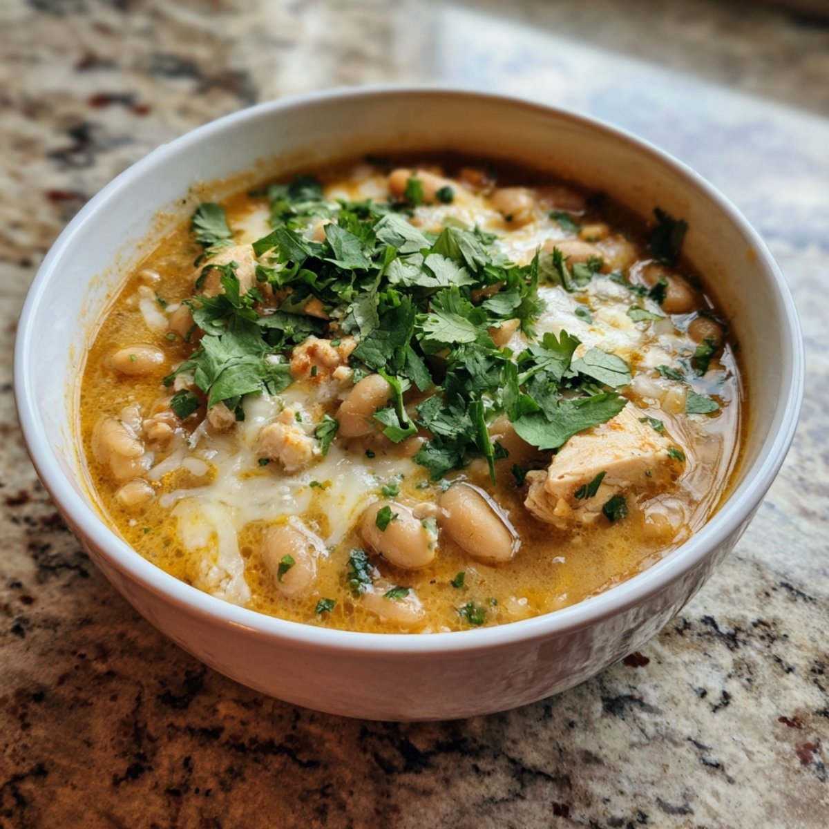 Bowl of Dutch Oven White Chicken Chili topped with fresh cilantro and melted cheese.