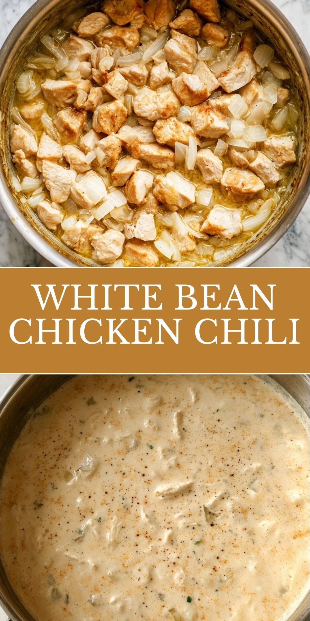 Pot of creamy white bean chicken chili with chunks of chicken and onion in a smooth, pepper-speckled broth.